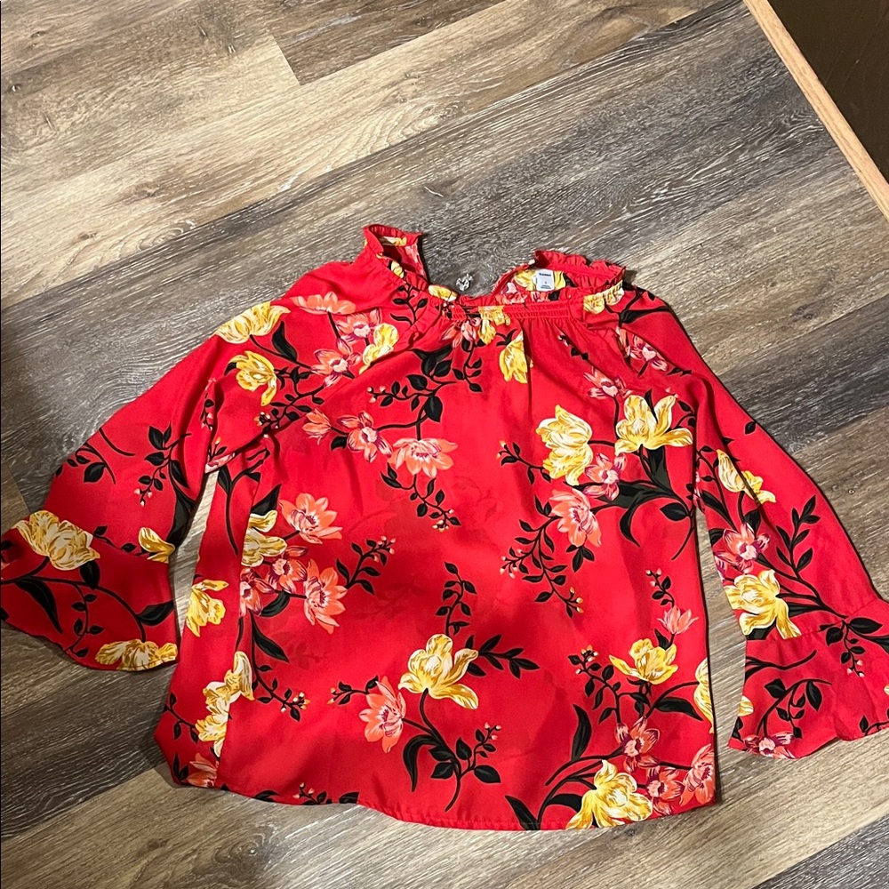 Old Navy Red Floral Top with Ruffle Detail